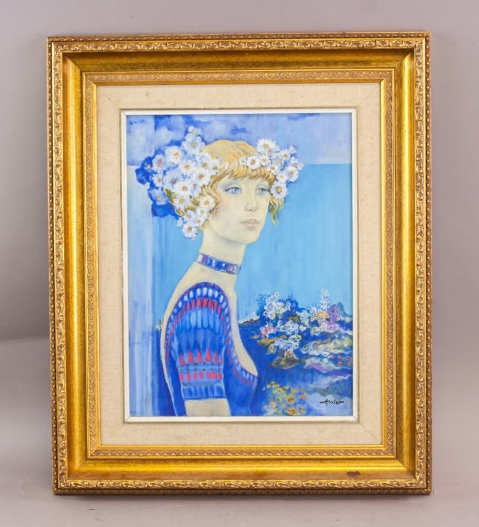 Canadian Oil on Canvas Signed Maurice Assier: Oil on canvas, framed. Depicting a female figure with blonde hair adorned with white flowers, dressed in a patterned blue garment against a blue-toned floral background. Executed in vibrant colors wit