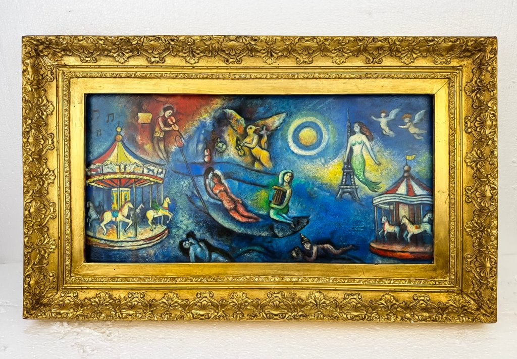 OOC Signed Marc Chagall Galerie Kolbert Le Studio: Oil on canvas, framed. Attributed to Marc Chagall (1887 - 1985). Depicting a surreal, dreamlike composition with carousel horses flanking both sides, floating figures including a woman in red, a music