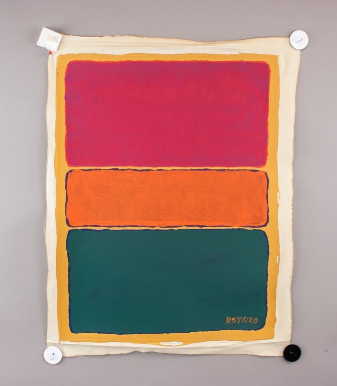 American Acrylic on Canvas Signed Mark Rothko: Acrylic on canvas. Featuring three horizontally stacked rectangular fields in red, orange, and green, each with soft edges and bordered by uneven dark blue outlines. The background is rendered in mute