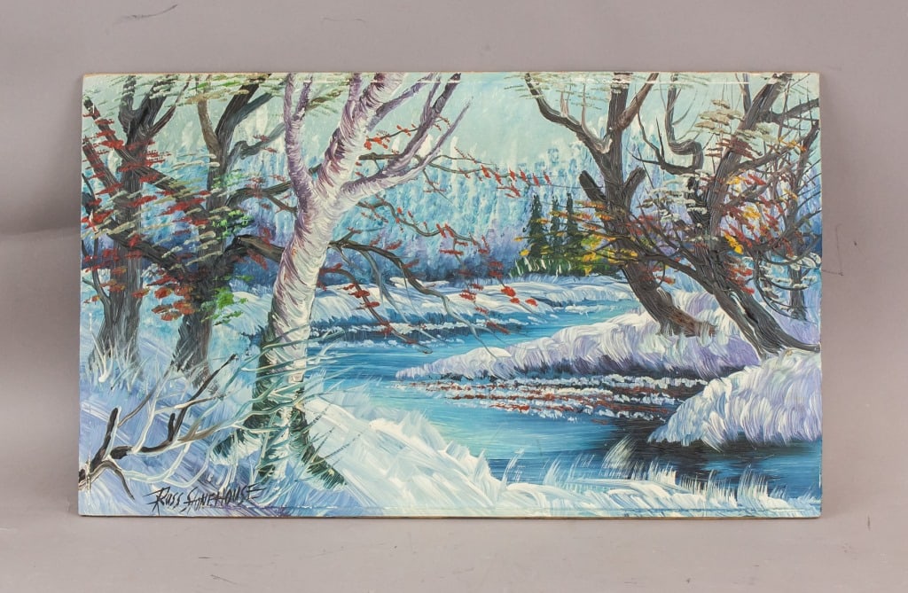 Canadian Oil on Board Signed Russ Stonehouse: Oil on board. This artwork depicts a winter landscape with a winding stream, bare trees, and snow-covered ground. The composition features cool tones of blue, white, and purple, with accents of red an