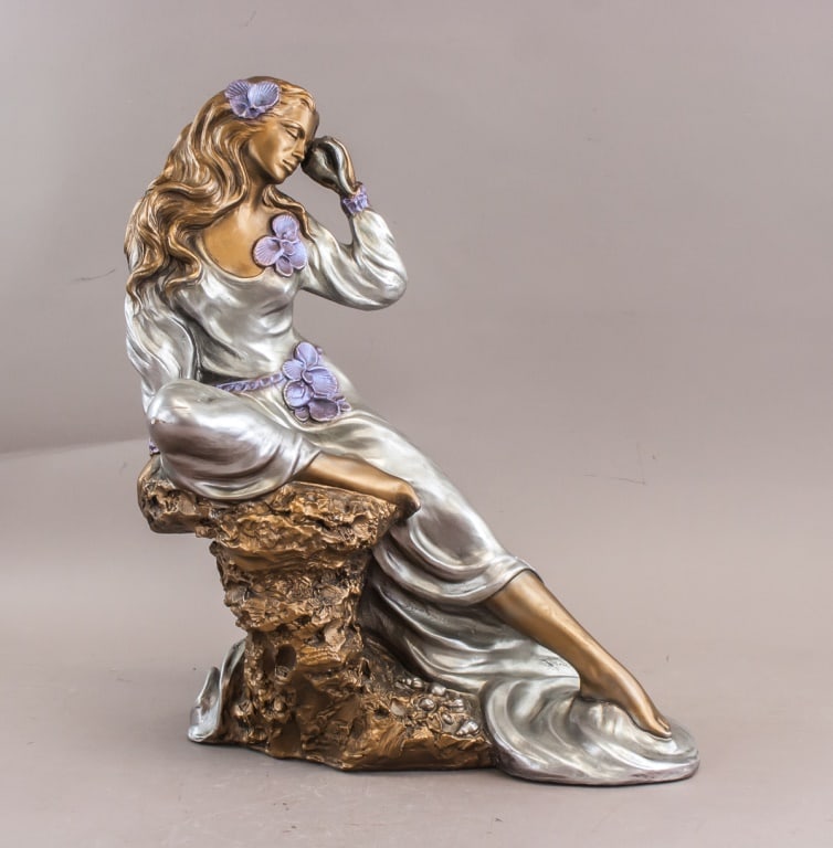 Vintage Cast Plaster Sculpture Signed Alice Heath: Vintage cast plaster sculpture signed Alice Heath, depicting a seated female figure in contemplative pose with one hand resting on face. Finished in metallic bronze and silver tones with applied purpl