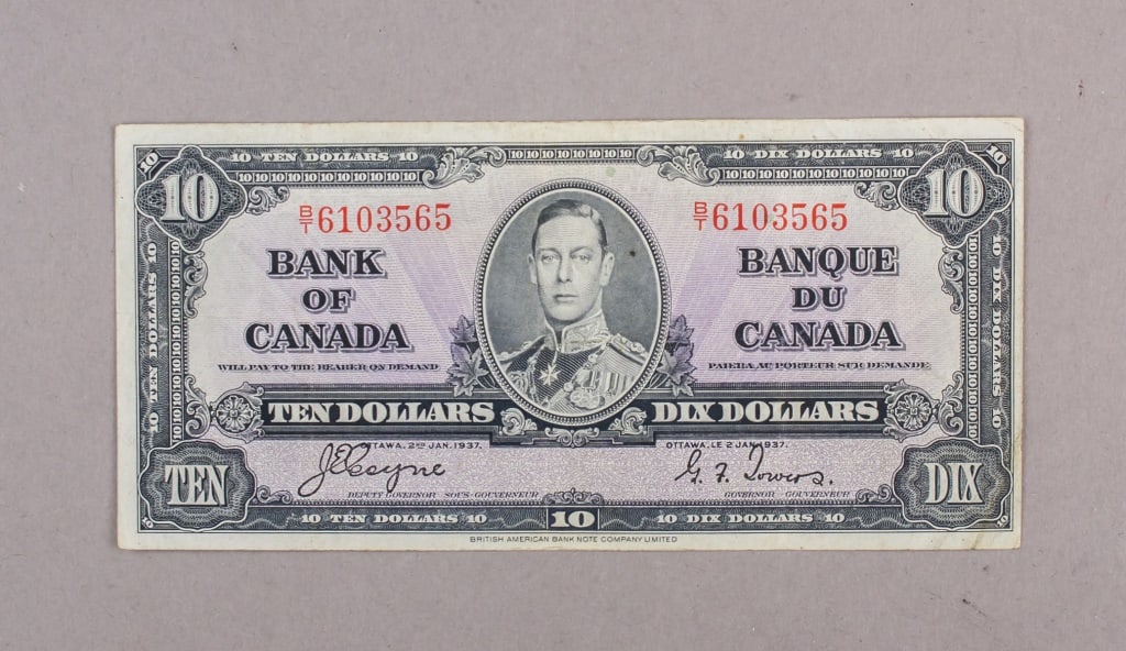 1937 Bank of Canada $10 Banknote King George VI (1 of 2)