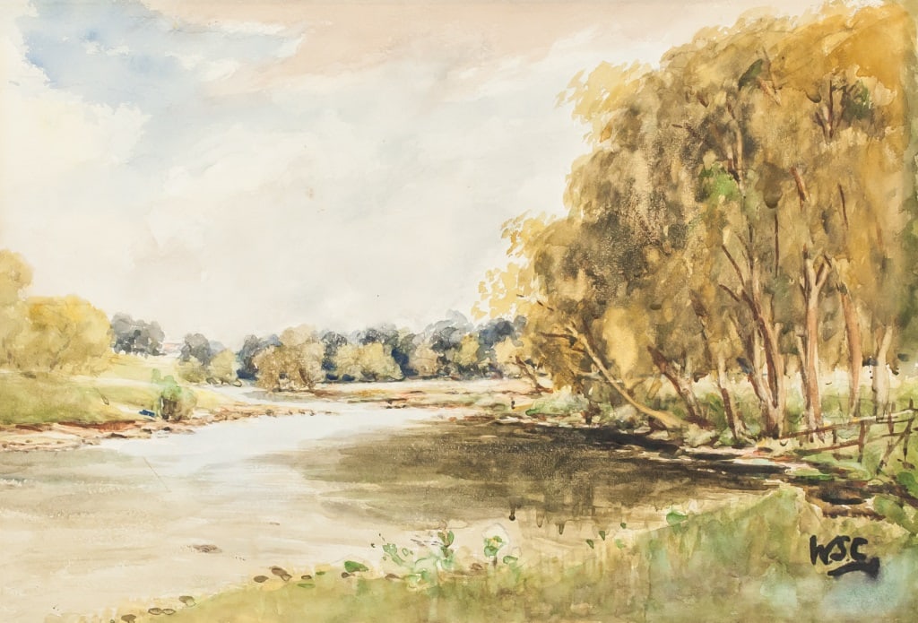 WC Board Signed Winston Churchill Galerie Beyeler: Watercolor on board. Depicting a river landscape with trees along the banks, including a dense stand of tall trees at right and open grassy areas at left, with reflections visible on the calm water. T