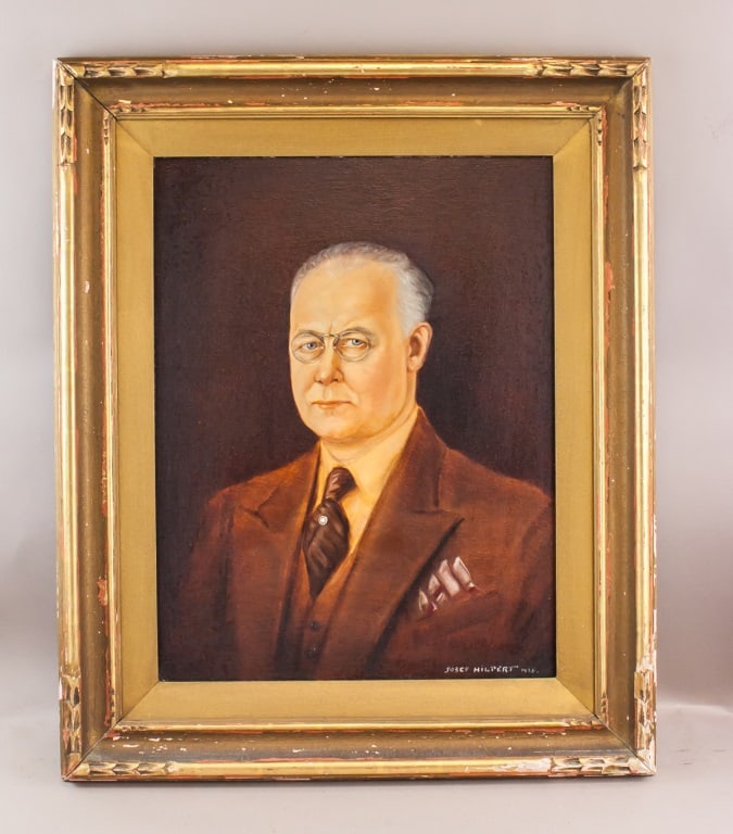 Canadian OOP Signed Joseph Hilpert '1938 J.H.G.C.: Oil on panel, framed. The artwork features an old man in a well-tailored brown suit who exudes sophistication. The meticulous detailing, the lapels, pocket square, and dark tie, add to the allure.