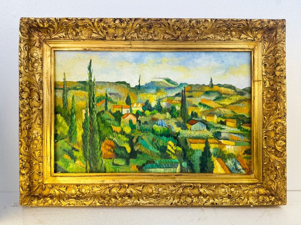 OOC Signed Paul Cezanne Charles Durand-Ruel: Oil on canvas, framed. Attributed to Paul Cézanne (1839 - 1906). The painting depicts a structured Provençal landscape composed of rolling hills, clustered houses, and vertical cypress trees,