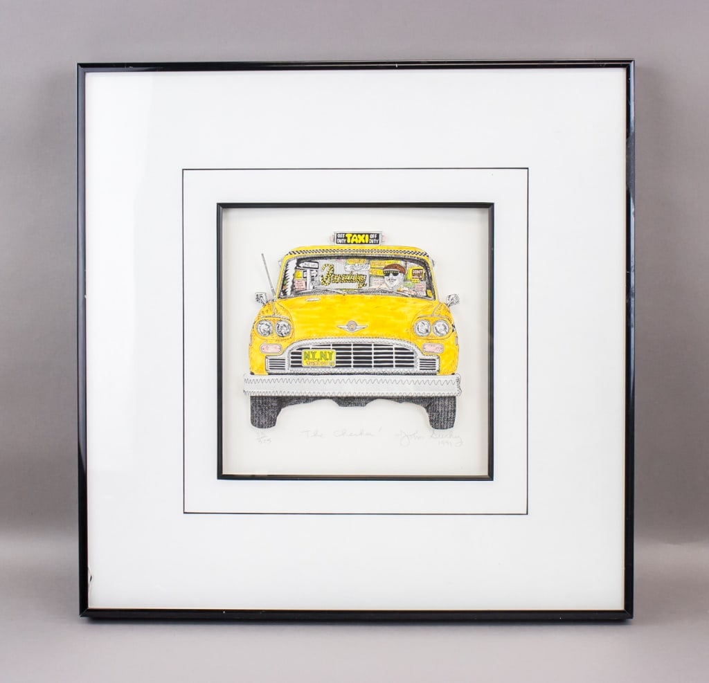 Limited Screenprint Signed John Suchy '1991 33/325: Screenprint on paper, framed. The composition features a stylized front view of a yellow New York City taxi with “TAXI” and “OFF DUTY” signage, and two illustrated figures visible thro