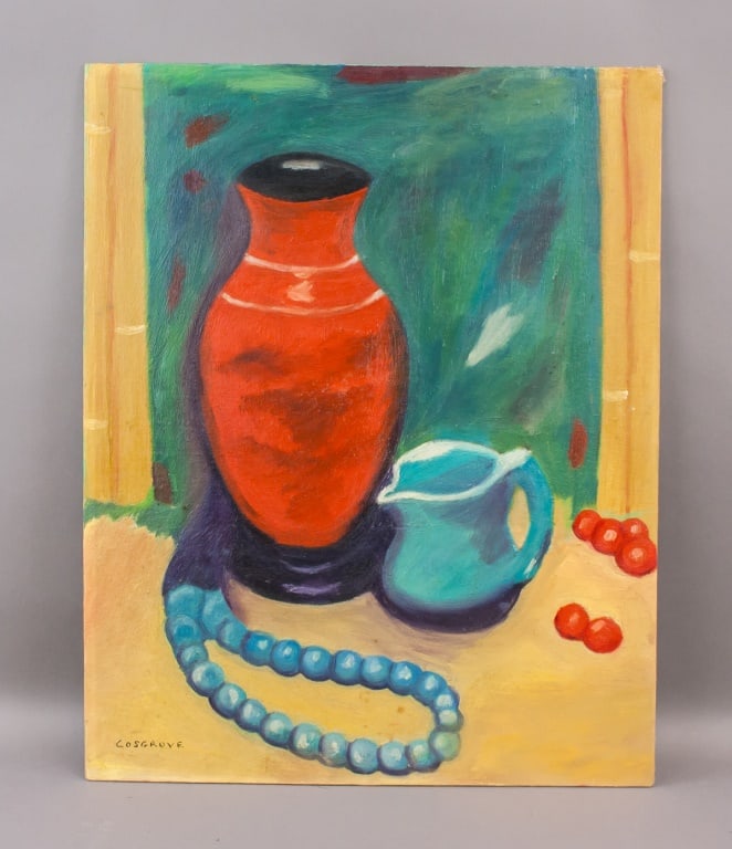Canadian Oil on Board Signed Stanley Cosgrove: Oil on board. Presenting a still life with a red vase, a light blue pitcher, a string of turquoise beads, and several small red spherical objects arranged on a light surface against a green and blue a