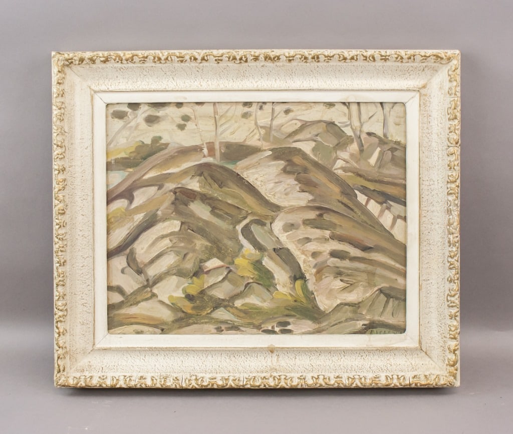 Canadian Oil on Canvas Signed Alfred Joseph Casson: Oil on canvas, framed. Attributed to Alfred Joseph Casson (1898 - 1992). Showing a stylized landscape with undulating terrain rendered in earthy tones of brown, green, and grey, with expressive brushw
