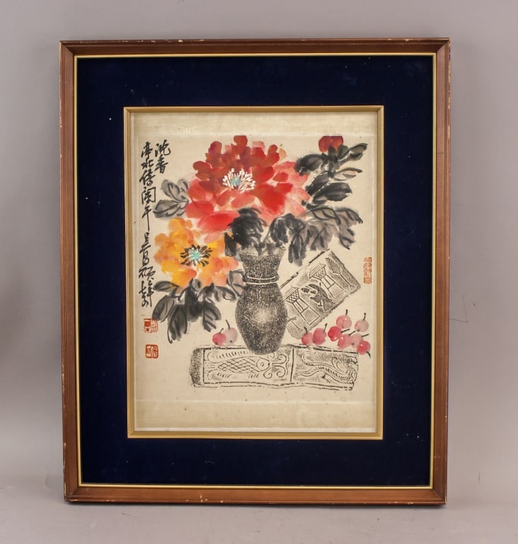 WC on Paper Signed Wu Changshuo w/ Seals & Label: Watercolor on paper, framed. Attributed to Wu Changshuo (1844 - 1927). This artwork depicts a traditional Chinese still life composition featuring a porcelain vase filled with vibrant red and orange p