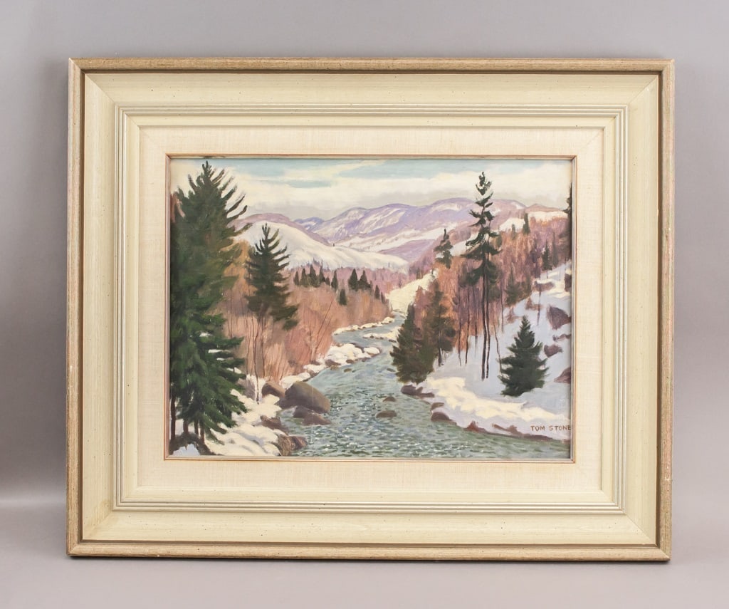 Oil on Canvas Signed Thomas Albert Stone: Oil on canvas, framed. This painting depicts a serene winter landscape with a meandering river through a snow-covered valley, flanked by evergreen trees and distant mountains under an overcast sky. Si