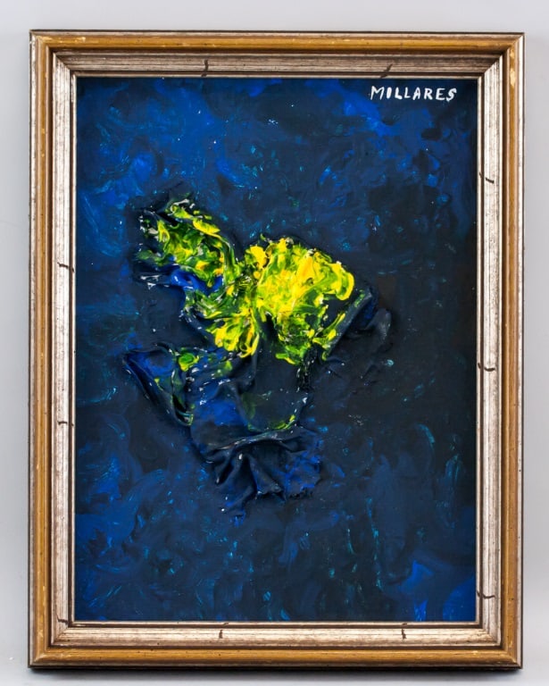 Spanish Oil on Canvas Signed Manolo Millares: Oil on canvas, framed. Featuring an abstract composition with a dark ground and a central build-up of textured yellow and green impasto, the surface shows pronounced sculptural application of paint. S