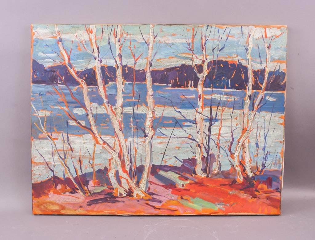 Canadian Oil on Canvas Signed Tom Thomson: Oil on canvas. This artwork depicts a Canadian landscape with bare trees in the foreground, a lake in the midground, and distant hills under a vivid sky. The composition features expressive brushwork