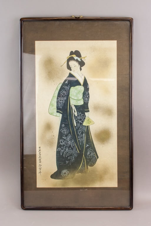 Japanese Woodblock Print on Paper Signed: Woodblock print on paper, framed. Depicting a standing woman in a patterned kimono holding a fan, rendered in traditional style with muted colours and fine linework. Signed at lower left. 80 cm x 47cm
