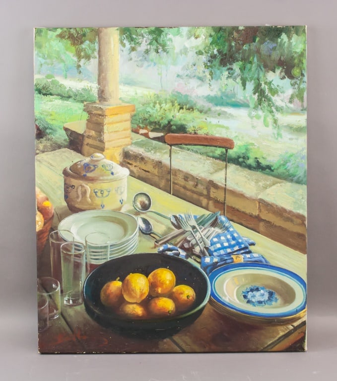 Canadian Oil on Canvas Signed Banting: Oil on canvas. Depicting an outdoor table setting with ceramic vessels, stacked plates, fruit, glassware, and cutlery arranged on a wooden surface before a garden view framed by a brick column; execut