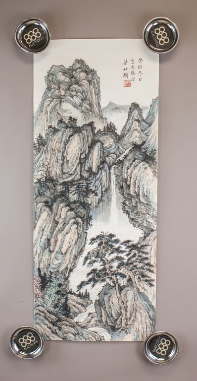Chinese WC on Paper Signed Liang Shiyu w/ Seals: Watercolour on paper, hanging scroll. Depicting a mountainous landscape with steep rock formations, pine trees, and a central waterfall flowing into a valley stream; executed with layered ink washes a