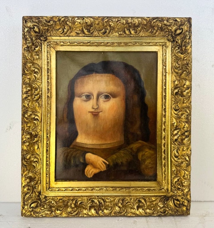 OOC Signed Fernando Botero '61 Marisa Delre Galle: Oil on canvas, framed. Attributed to Fernando Botero (1932 - 2023). The painting presents a reimagined bust-length female figure with the rounded, voluminous proportions characteristic of the artist��
