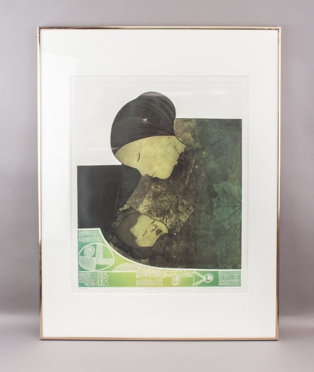 Etching Paper Signed Mathias Muleme 27/80 '1982: Etching on paper, framed. Depicting a stylized mother leaning over a child, rendered in muted tones with textured linear detailing and geometric background elements; signed Mathias Muleme dated 1982 a