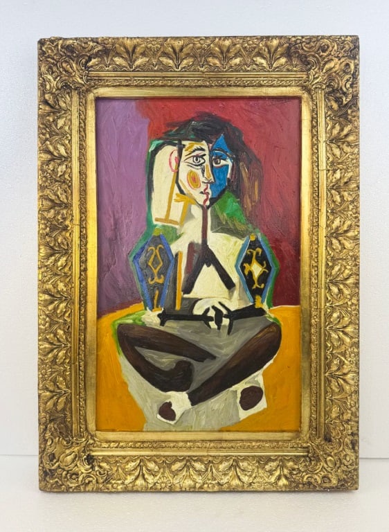 OOC Signed Pablo Picasso Kootz Gallery New York: Oil on canvas, framed. Attributed to Pablo Picasso (1881 - 1973). The painting depicts a seated figure constructed through sharply defined planes, divided color fields, and the angular distortions cha