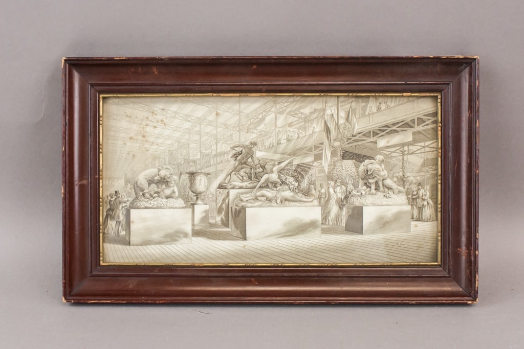 17c Old Pencil on Paper Crystal Palace: Pencil drawing on paper, framed. Depicting an interior exhibition hall filled with classical sculptures displayed on pedestals and surrounded by visitors, rendered in monochrome with detailed architec