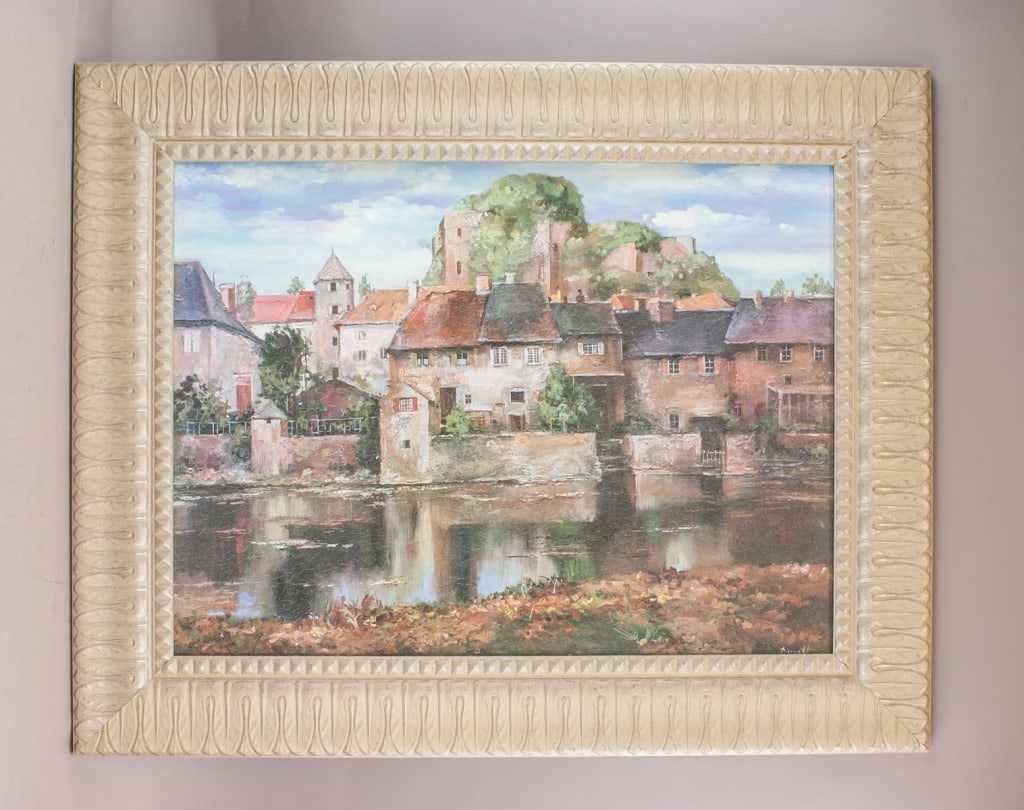 Canadian Oil on Canvas Signed Roger Duvall: Oil on canvas, framed. Depicting a village scene with red and brown rooftops reflected in a calm body of water, with additional structures on a hillside in the background. Executed in a representation
