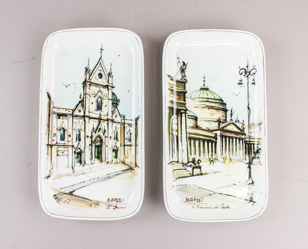 British White Porcelain Napoli Plates 2pc: British white porcelain plate set, 2 pieces, each rectangular with printed architectural scenes of Naples, Italy. One plate depicts the Duomo di Napoli; the other shows the Basilica of San Francesco d