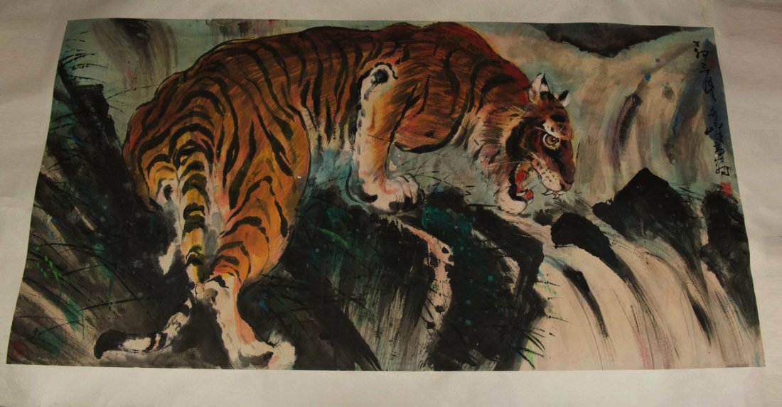Watercolour Painting of Tiger Signed Gao Ji Feng