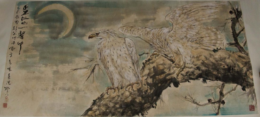 Watercolour Painting of Eagles Signed Gao Jian Fu