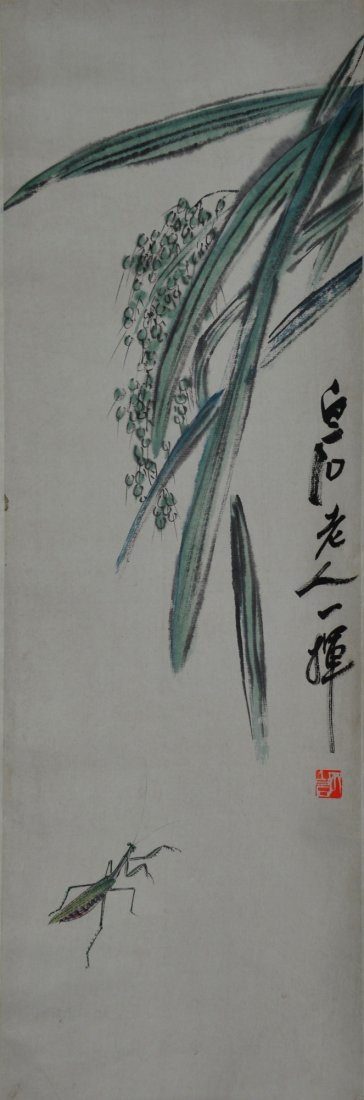 Chinese Painting of Praying Mantis Signed Qi Bashi