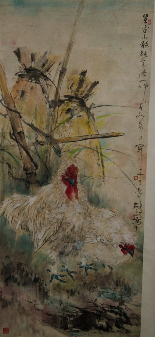 Chinese Painting of Roosters Signed Gao Jian Fu