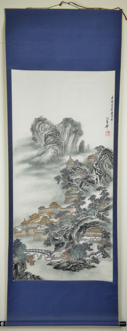 Chinese Watercolour Painting of Village Signed - 2