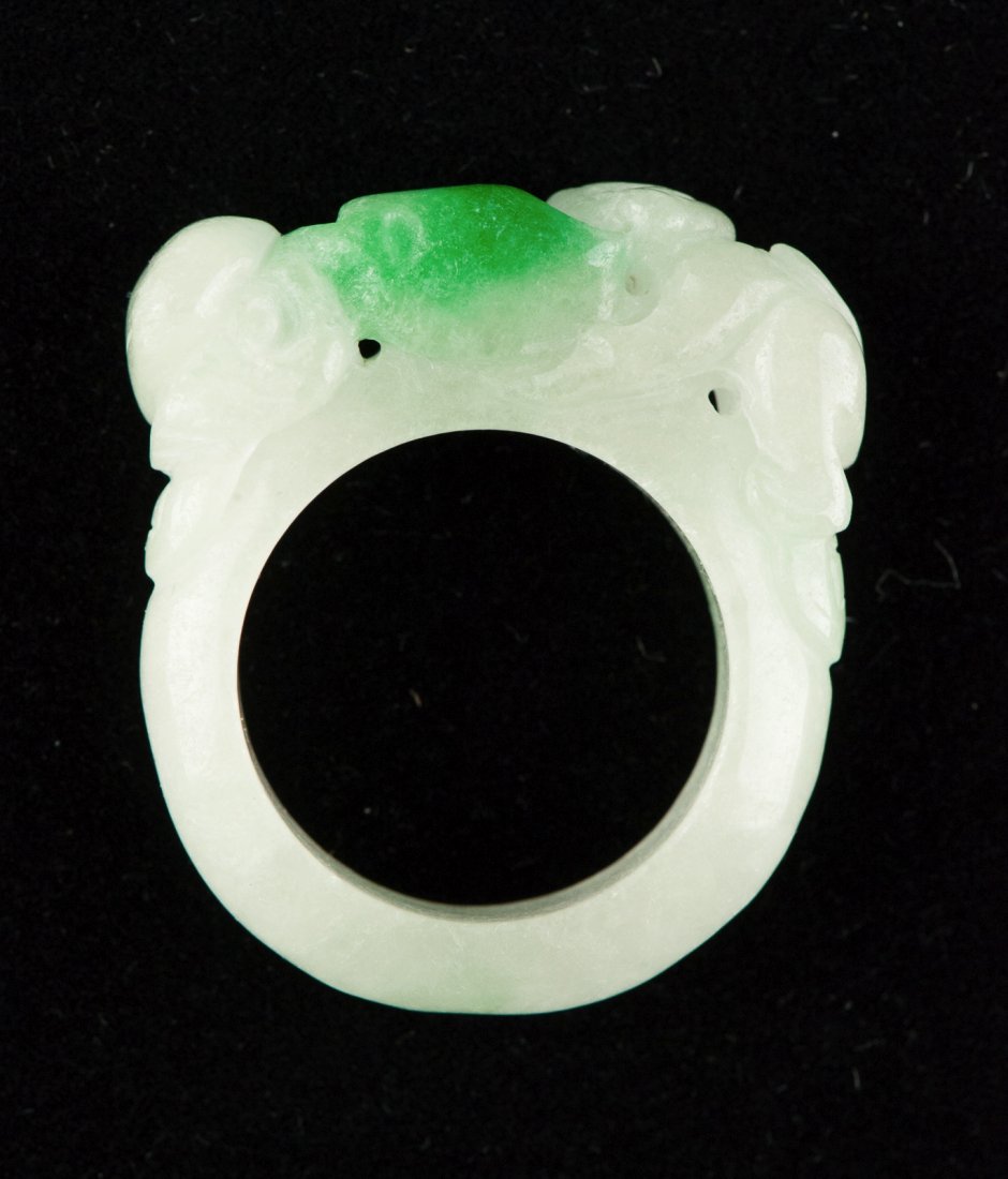 White & Emerald Green Jadeite Ring Carved Lingzhi