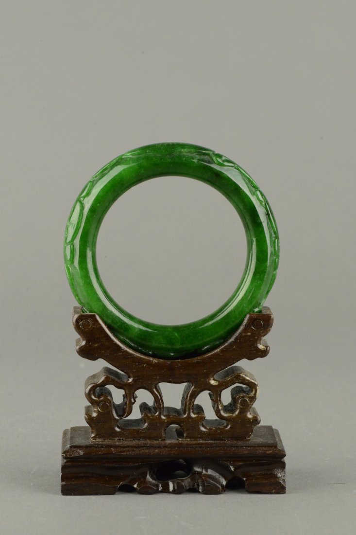 Fine Emerald Green Jadeite Bangle Carved Lingzhi