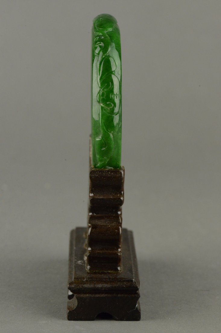 Fine Emerald Green Jadeite Bangle Carved Lingzhi - 3