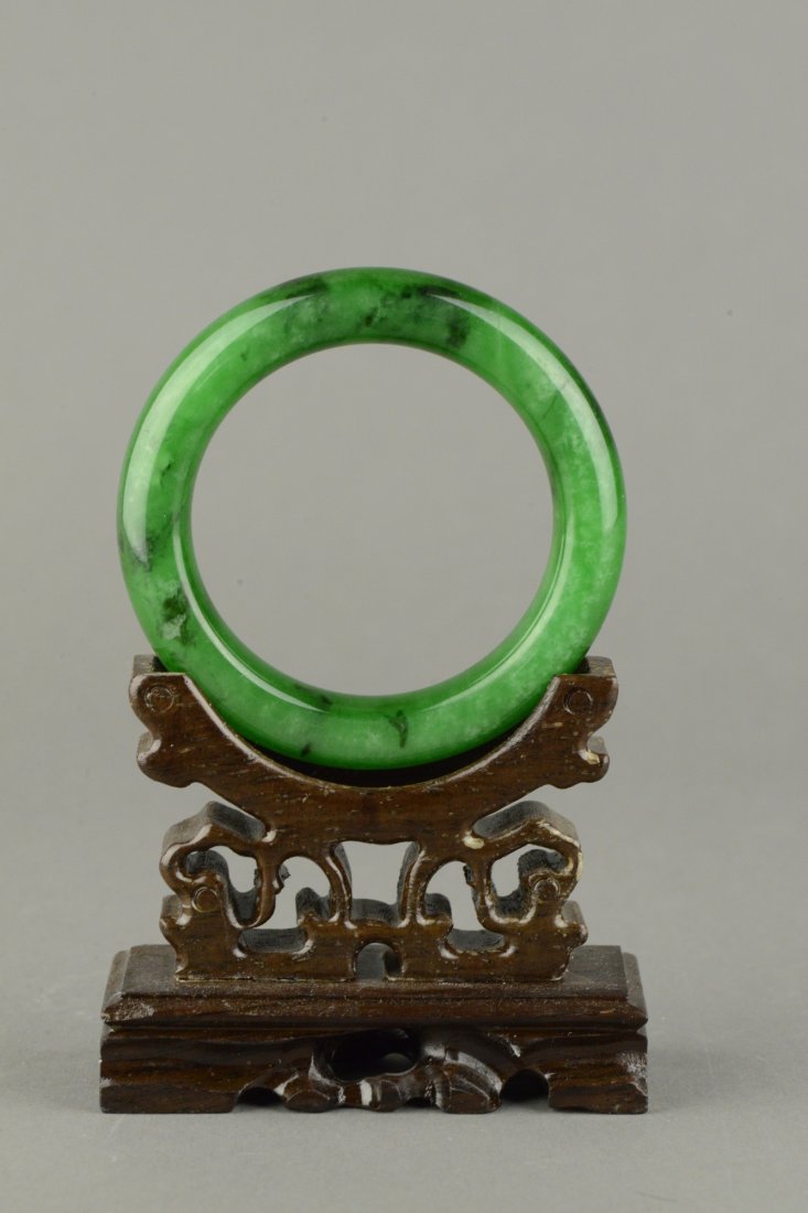 Chinese Rich Emerald Green Jadeite Carved Bangle - 2