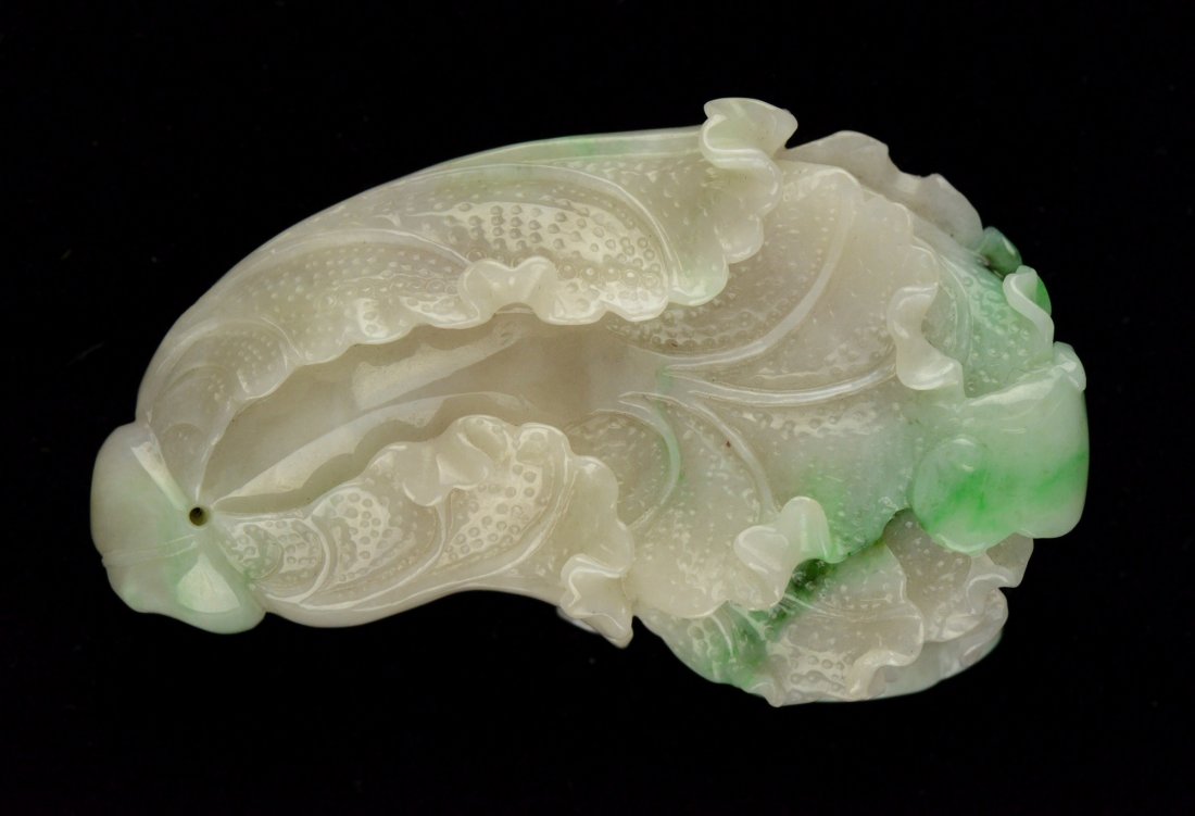 Chinese Green&White Jadeite Pendant Carved Bokchoy - 2
