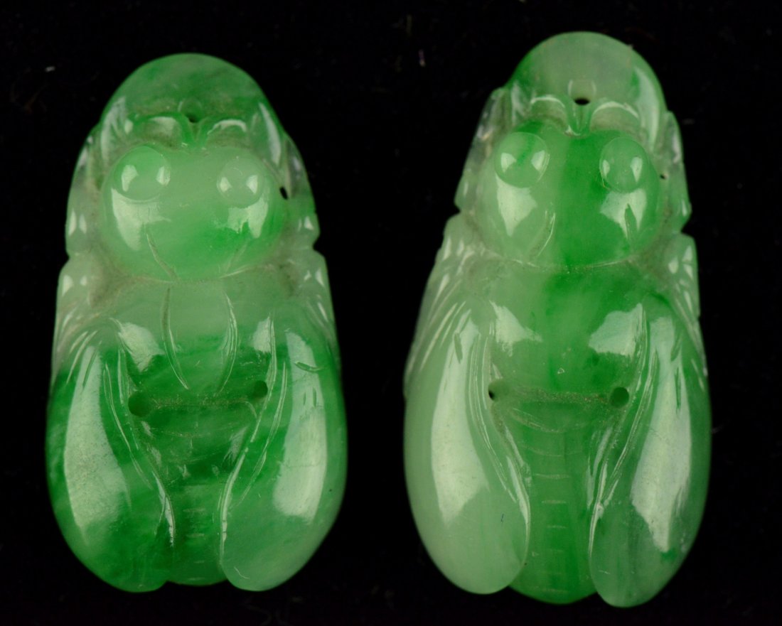 Fine Pair of Emerald Green Jadeite Cicada Pendant