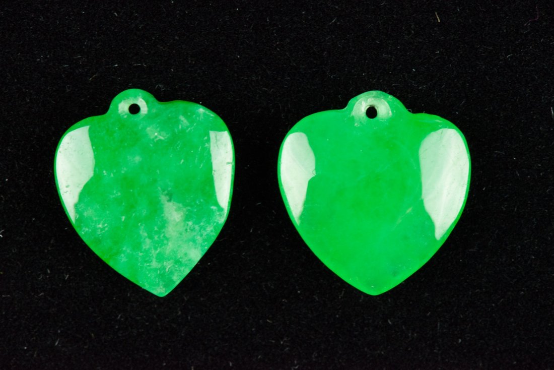 Pair of Emerald Green Jadeite Heart Shape Pendants