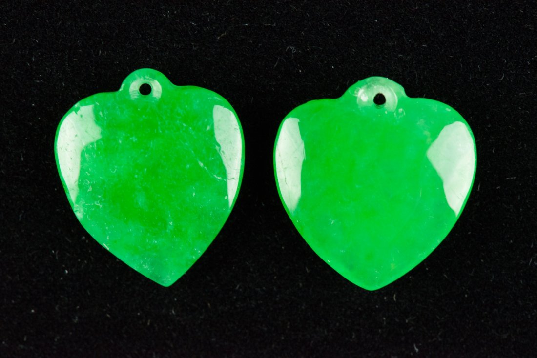 Pair of Emerald Green Jadeite Heart Shape Pendants - 2
