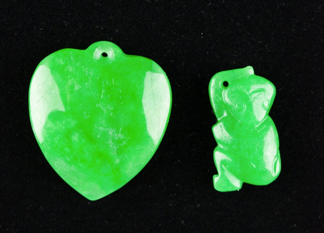 Pair of Emerald Green Heart Shape Jadeite Pendants