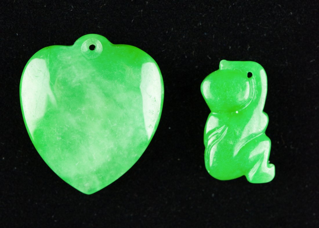 Pair of Emerald Green Heart Shape Jadeite Pendants - 2