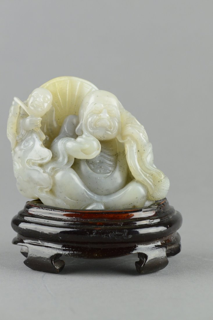 Chinese White Jade Laughing Buddha on Wood Stand