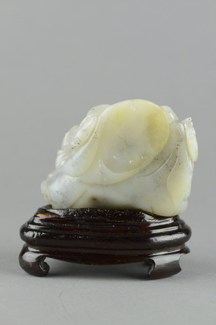 Chinese White Jade Laughing Buddha on Wood Stand - 2