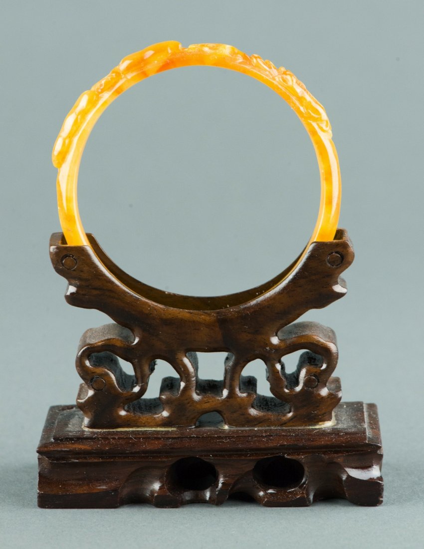 Chinese Yellow Jade Bangle Carved Chilong & Coins - 2