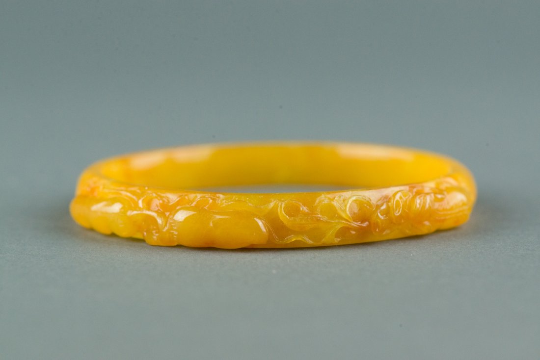 Chinese Yellow Jade Bangle Carved Chilong & Coins - 3