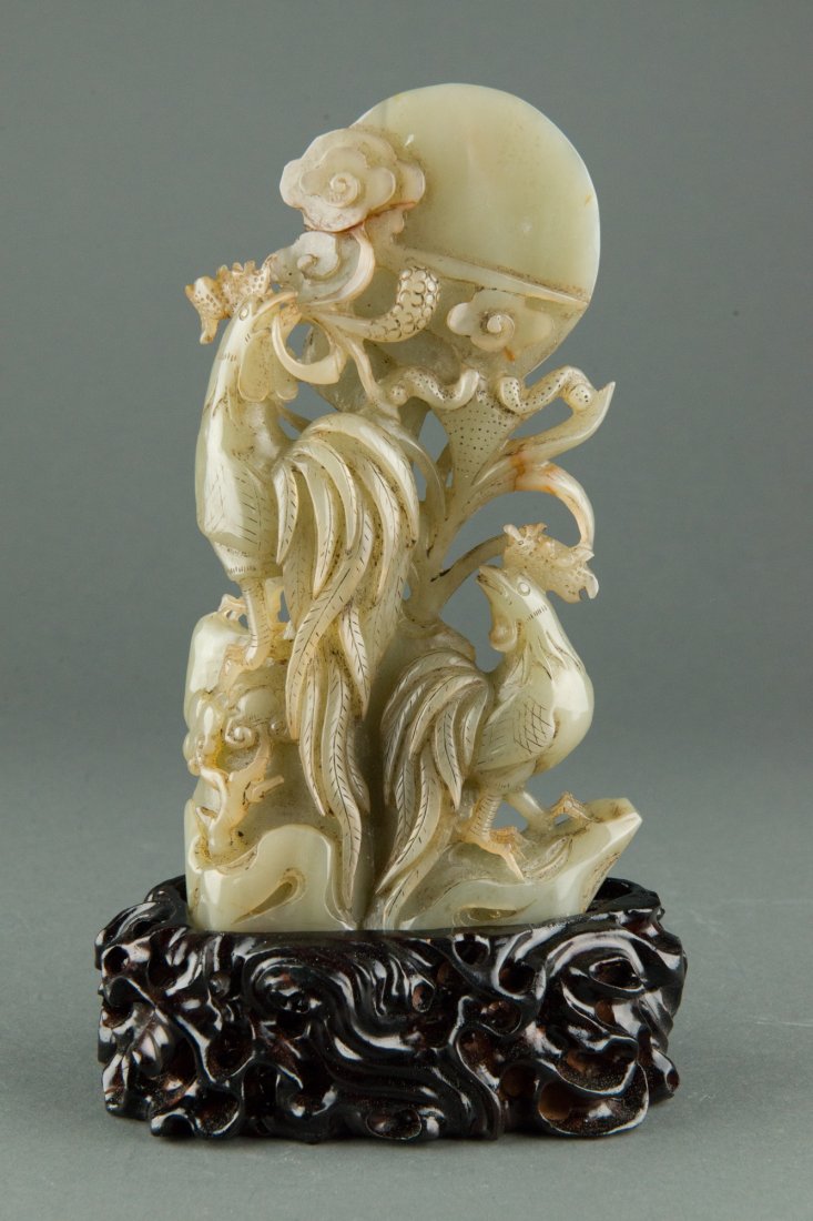 Charming Chinese Celadon Jade Carved Two Roosters