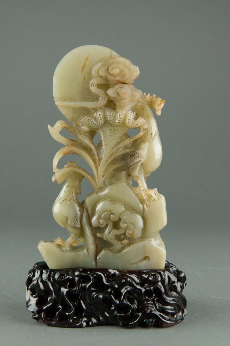Charming Chinese Celadon Jade Carved Two Roosters - 2