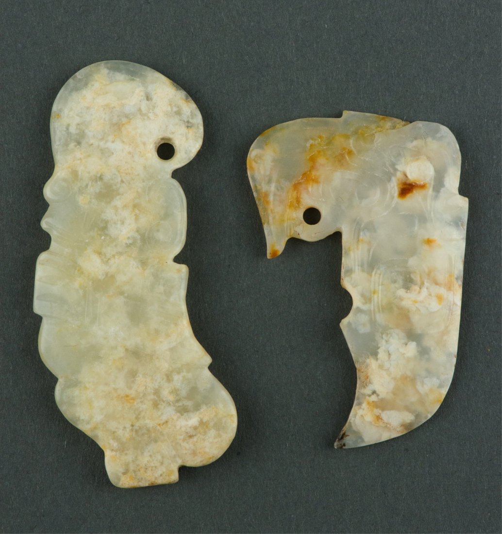 Pair of Translucent White Jade Man & Bird Beads
