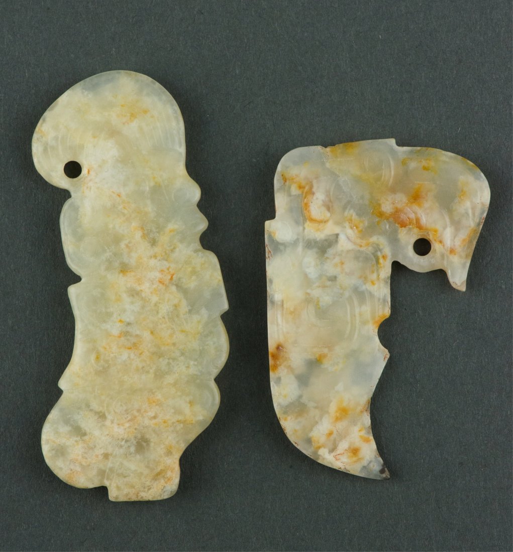 Pair of Translucent White Jade Man & Bird Beads - 2