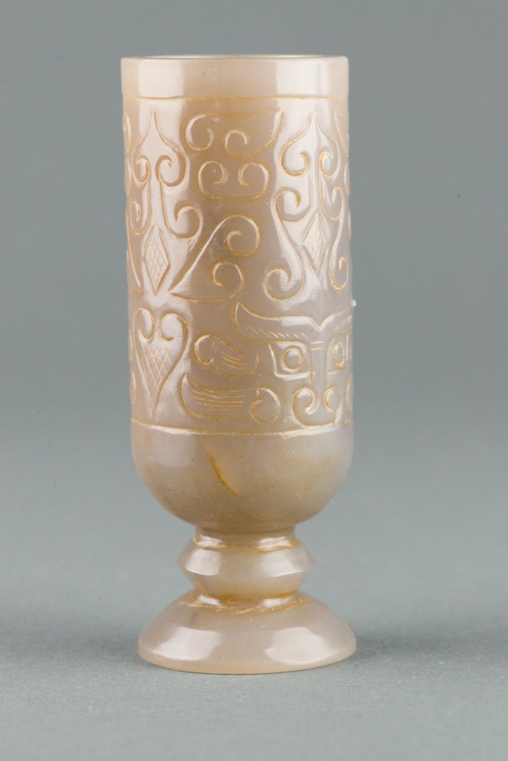 Antique Chinese Jade Stem Cup w Archaistic Carving