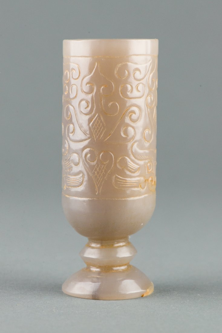 Antique Chinese Jade Stem Cup w Archaistic Carving - 2